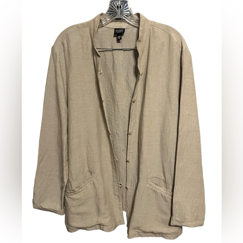 Eileen Fisher Woman tan linen blend button down jacket Made in USA